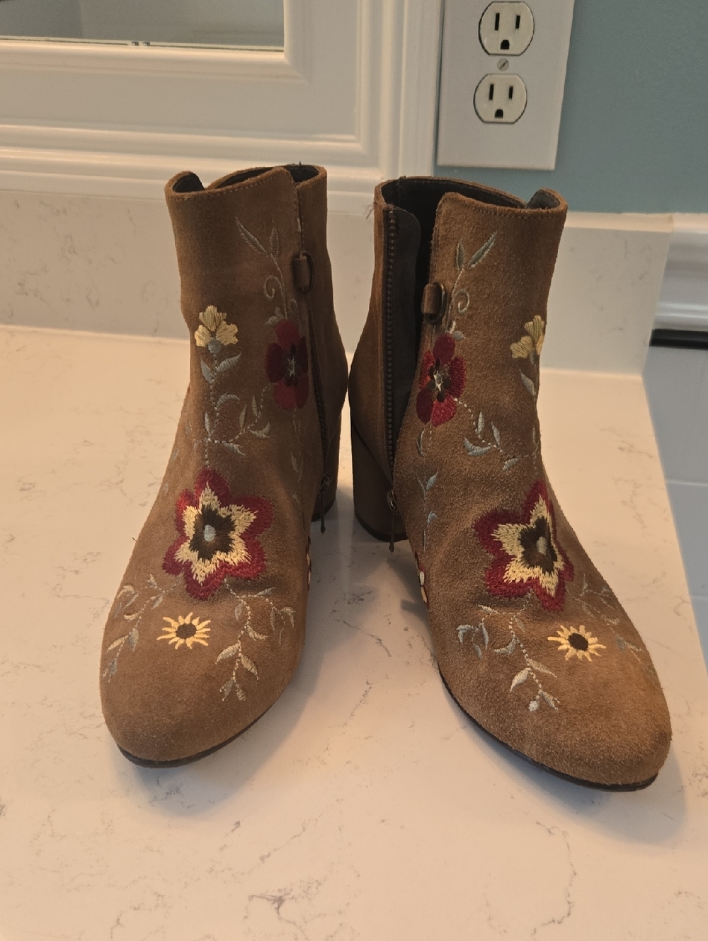 Women’s Tan Suede Embroidered Ankle Boots - Floral Detail